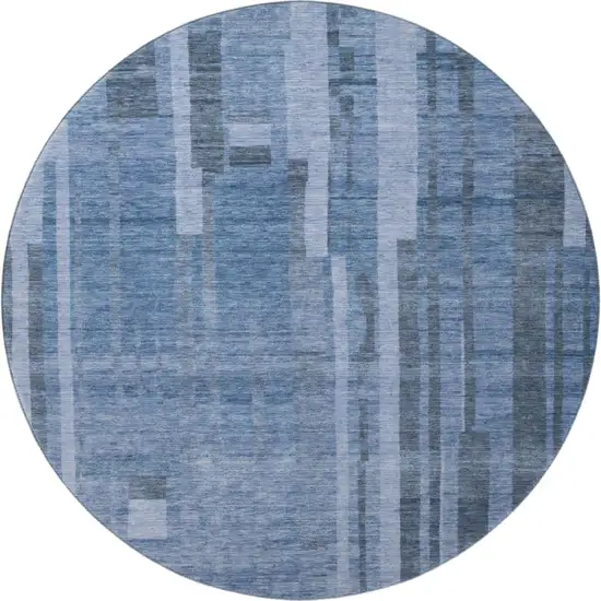 8' Navy Blue And Denim Blue Striped Washable Round Rug With UV Protection Photo 3
