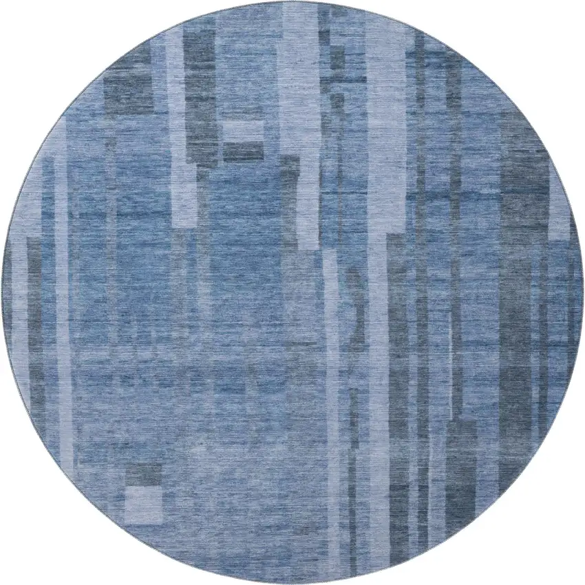 8' Navy Blue And Denim Blue Striped Washable Round Rug With UV Protection Photo 3