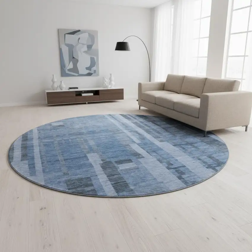 8' Navy Blue And Denim Blue Striped Washable Round Rug With UV Protection Photo 2
