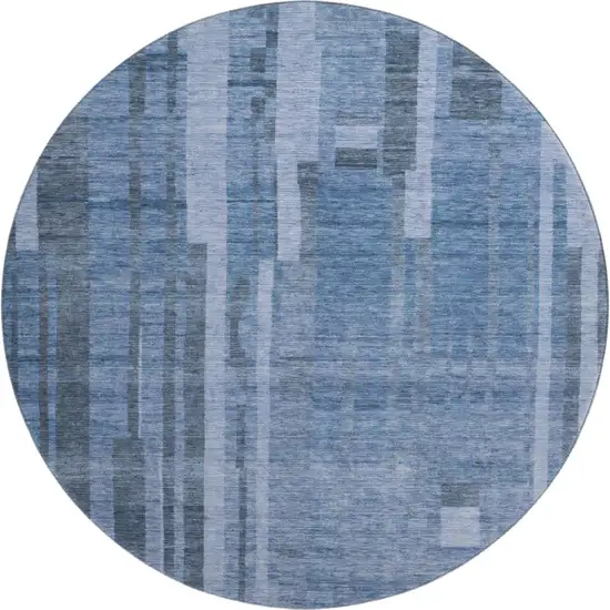 8' Navy Blue And Denim Blue Striped Washable Round Rug With UV Protection Photo 1