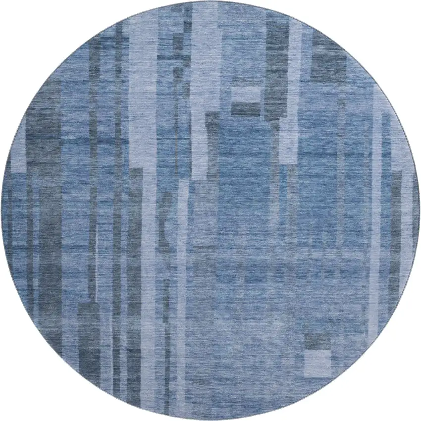 8' Navy Blue And Denim Blue Striped Washable Round Rug With UV Protection Photo 1