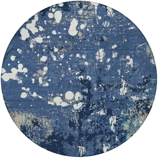 8' Navy Blue And Fern Green Round Abstract Washable Indoor Outdoor Area Rug Photo 4
