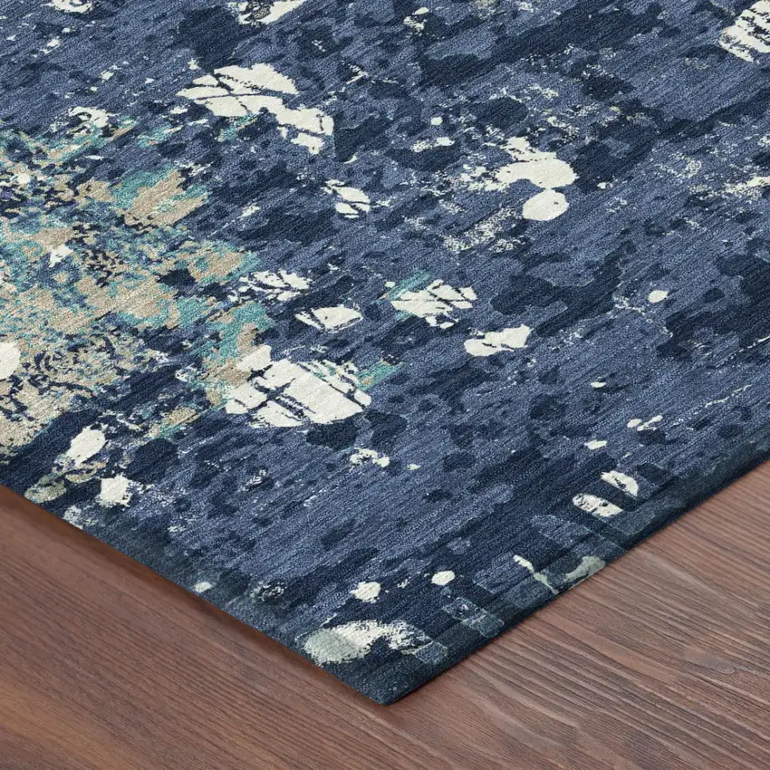 8' Navy Blue And Fern Green Round Abstract Washable Indoor Outdoor Area Rug Photo 5