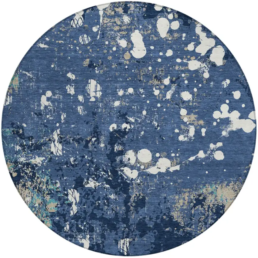 8' Navy Blue And Fern Green Round Abstract Washable Indoor Outdoor Area Rug Photo 3