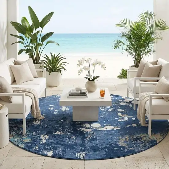 8' Navy Blue And Fern Green Round Abstract Washable Indoor Outdoor Area Rug Photo 1