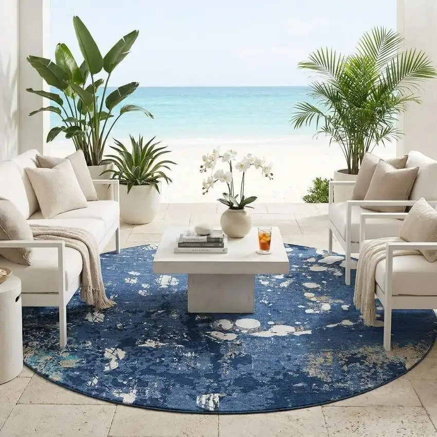8' Navy Blue And Fern Green Round Abstract Washable Indoor Outdoor Area Rug Photo 1