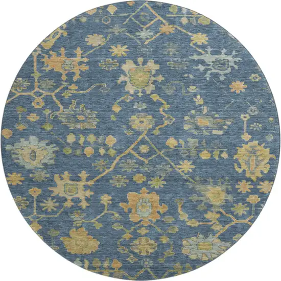 8' Navy Blue And Gold Floral Washable Round Rug With UV Protection Photo 1