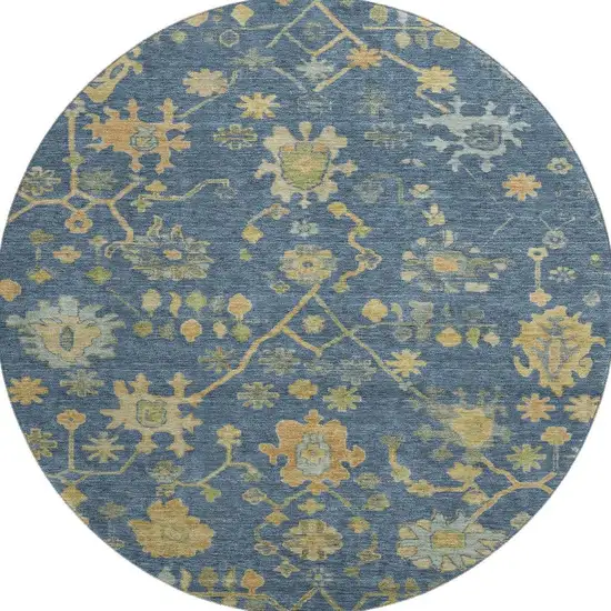 8' Navy Blue And Gold Floral Washable Round Rug With UV Protection Photo 4
