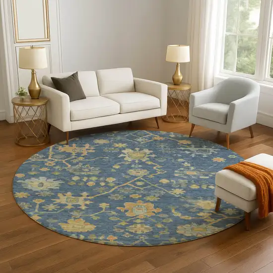 8' Navy Blue And Gold Floral Washable Round Rug With UV Protection Photo 5