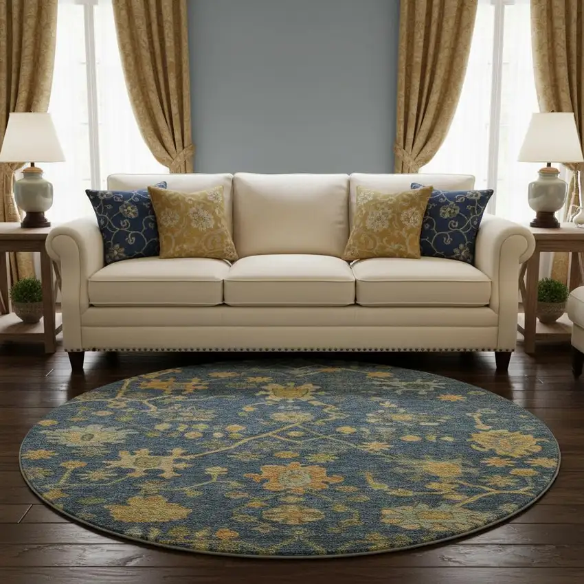 8' Navy Blue And Gold Floral Washable Round Rug With UV Protection Photo 1