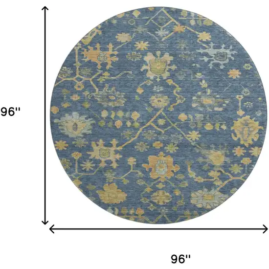 8' Navy Blue And Gold Floral Washable Round Rug With UV Protection Photo 9