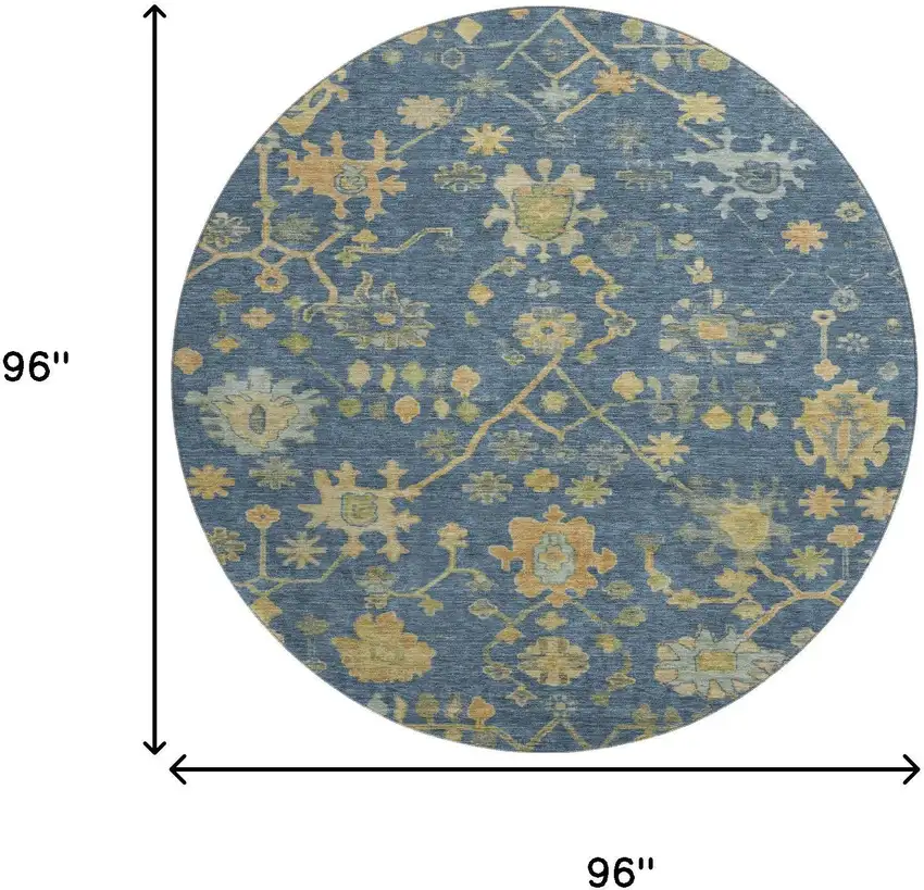 8' Navy Blue And Gold Floral Washable Round Rug With UV Protection Photo 9