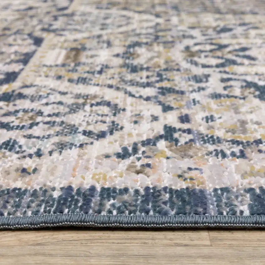 8' Navy Blue And Gold Oriental Runner Rug Photo 7