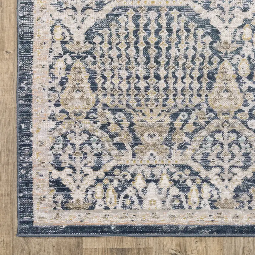 8' Navy Blue And Gold Oriental Runner Rug Photo 9
