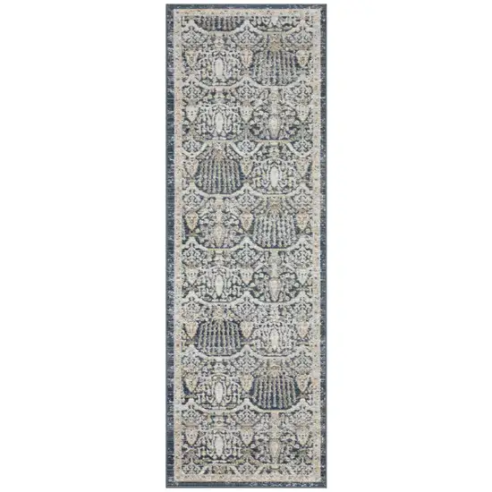 8' Navy Blue And Gold Oriental Runner Rug Photo 2