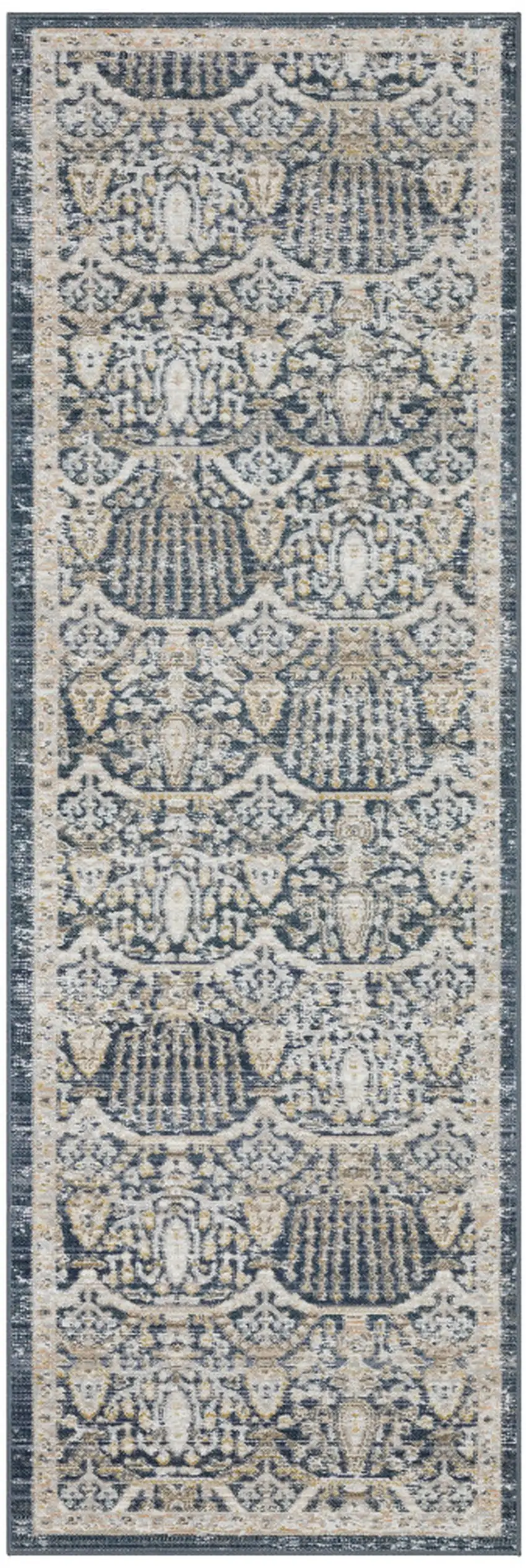 8' Navy Blue And Gold Oriental Runner Rug Photo 2
