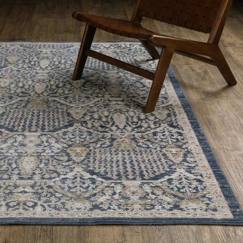 8' Navy Blue And Gold Oriental Runner Rug Photo 5