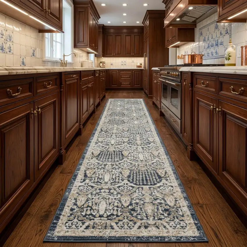 8' Navy Blue And Gold Oriental Runner Rug Photo 1