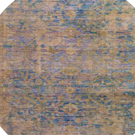 8' Navy Blue And Gold Oriental Washable Round Rug With UV Protection Photo 2