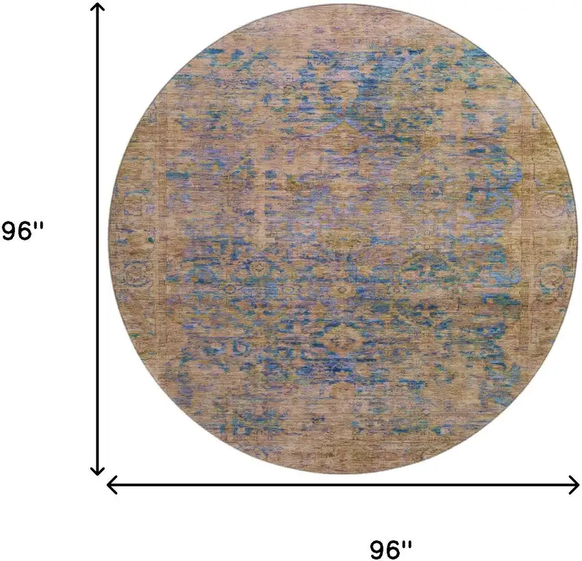 8' Navy Blue And Gold Oriental Washable Round Rug With UV Protection Photo 9