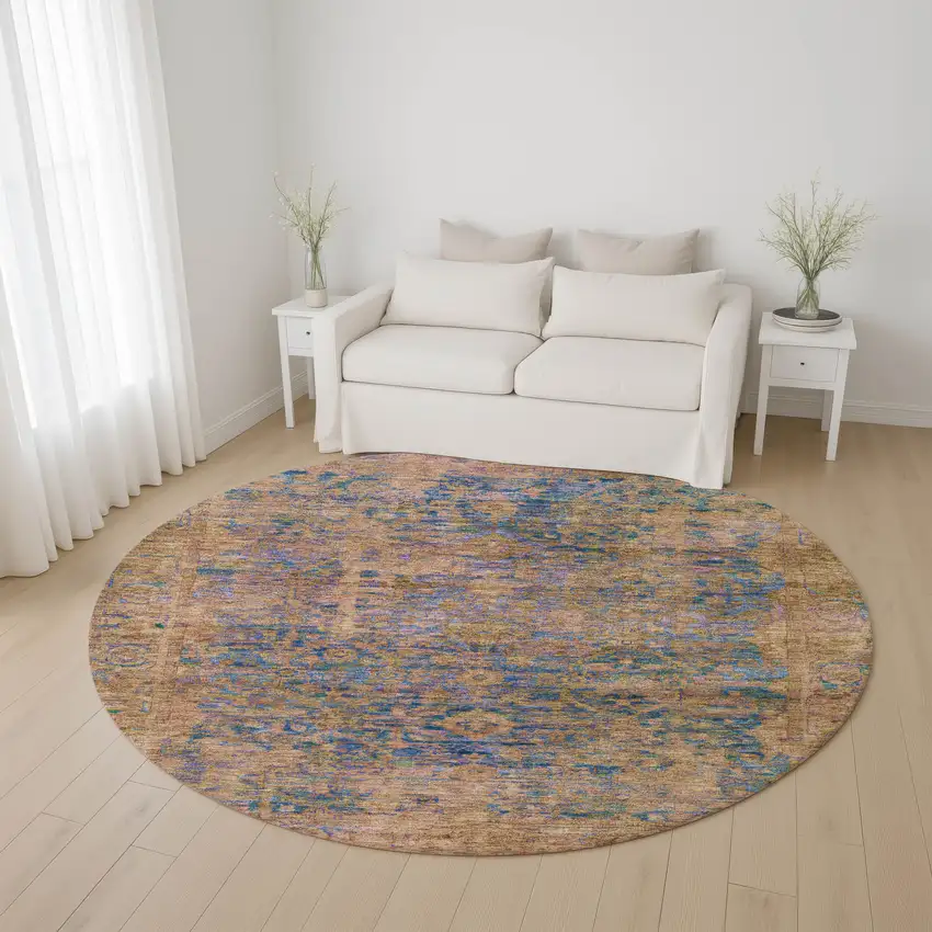 8' Navy Blue And Gold Oriental Washable Round Rug With UV Protection Photo 4