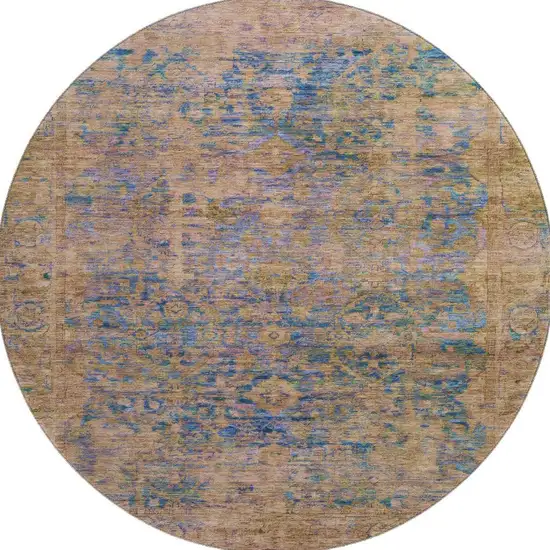 8' Navy Blue And Gold Oriental Washable Round Rug With UV Protection Photo 3