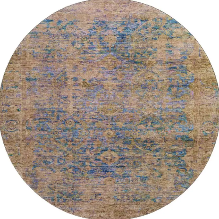 8' Navy Blue And Gold Oriental Washable Round Rug With UV Protection Photo 3