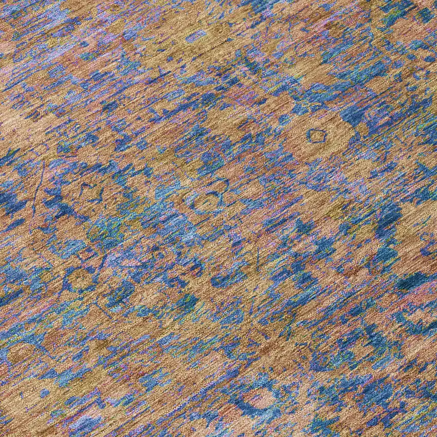 8' Navy Blue And Gold Round Abstract Washable Indoor Outdoor Area Rug Photo 8