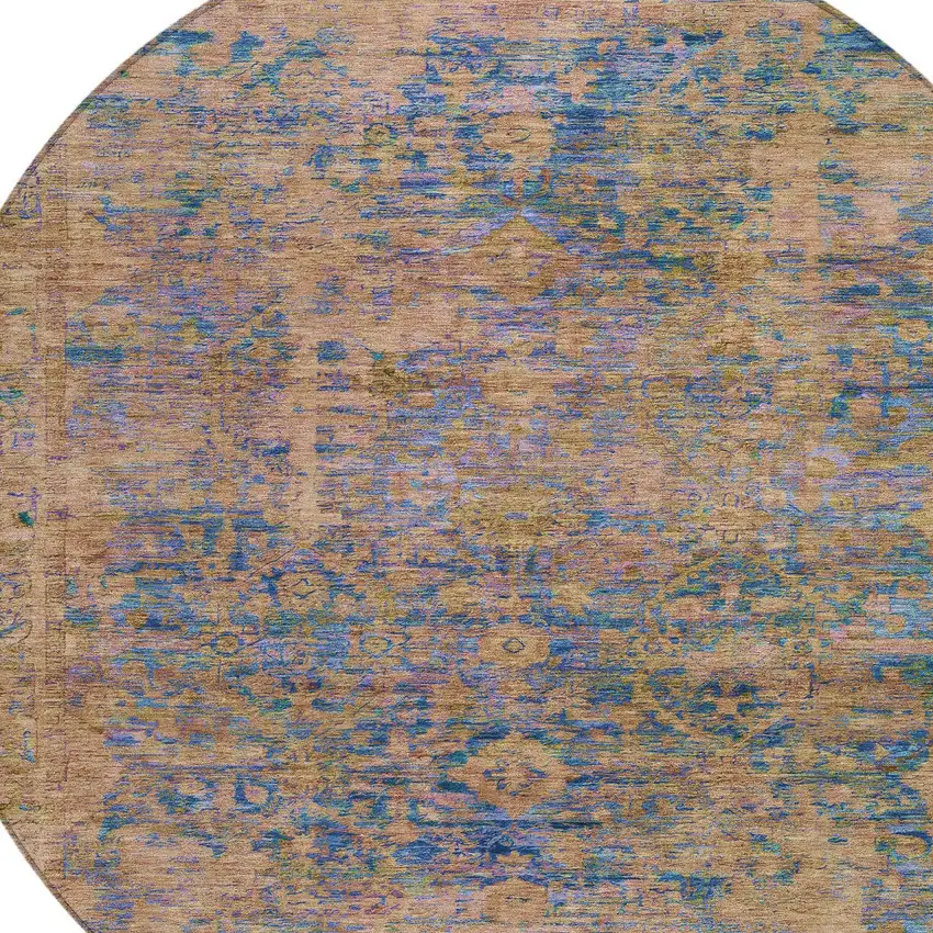 8' Navy Blue And Gold Round Abstract Washable Indoor Outdoor Area Rug Photo 9