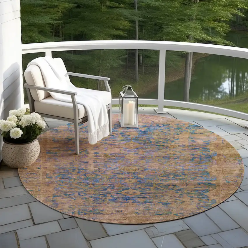 8' Navy Blue And Gold Round Abstract Washable Indoor Outdoor Area Rug Photo 5