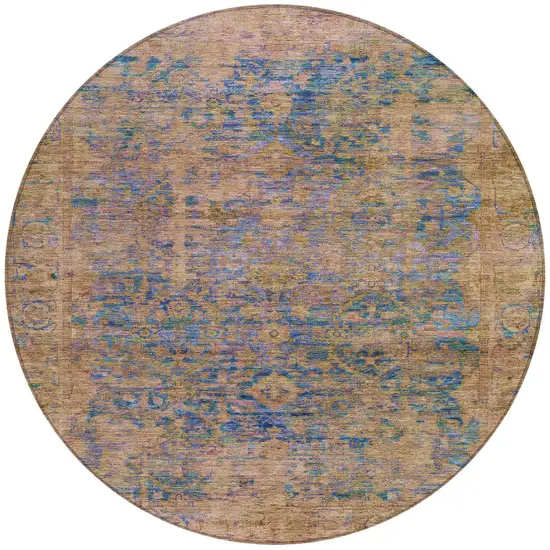 8' Navy Blue And Gold Round Abstract Washable Indoor Outdoor Area Rug Photo 3