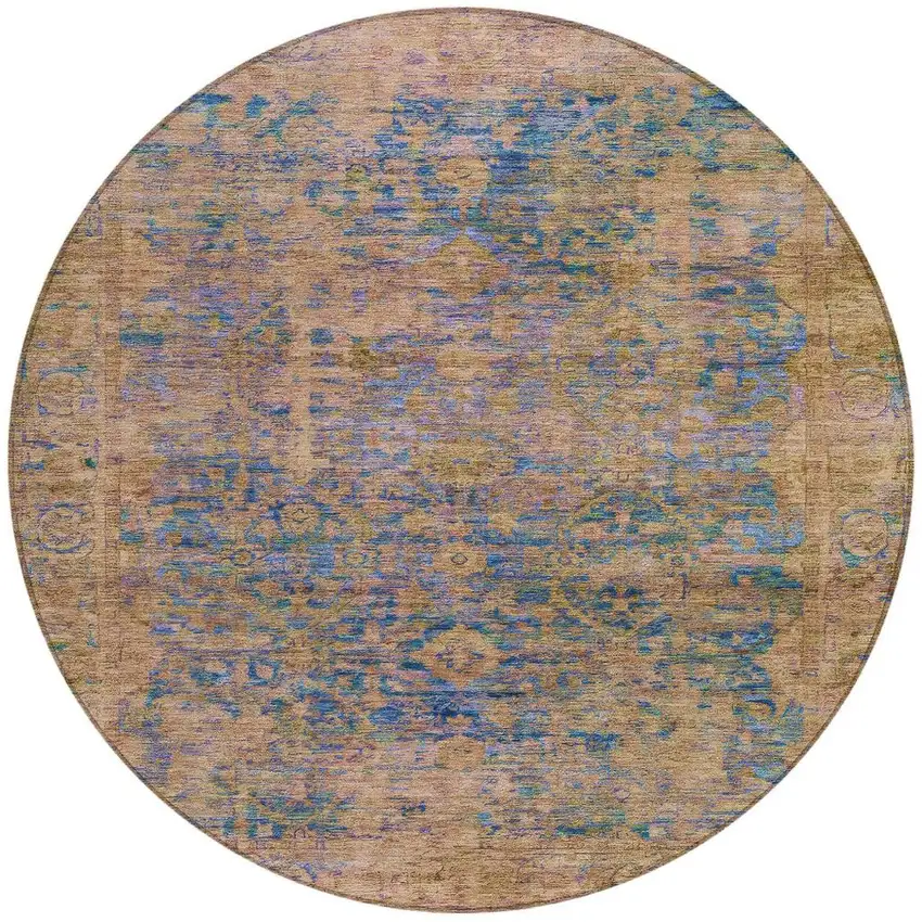 8' Navy Blue And Gold Round Abstract Washable Indoor Outdoor Area Rug Photo 4