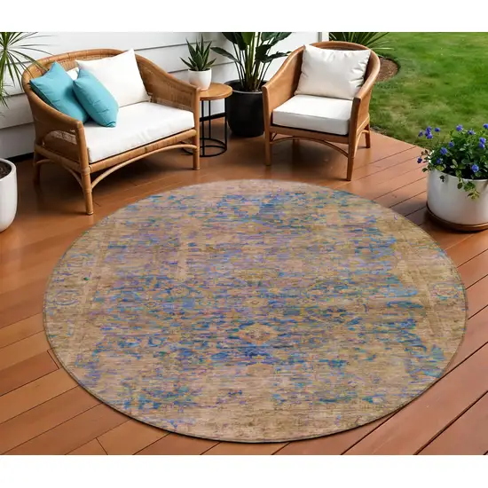 8' Navy Blue And Gold Round Abstract Washable Indoor Outdoor Area Rug Photo 2