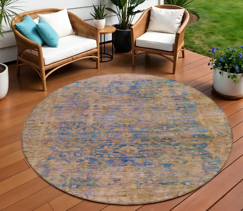 8' Navy Blue And Gold Round Abstract Washable Indoor Outdoor Area Rug Photo 2