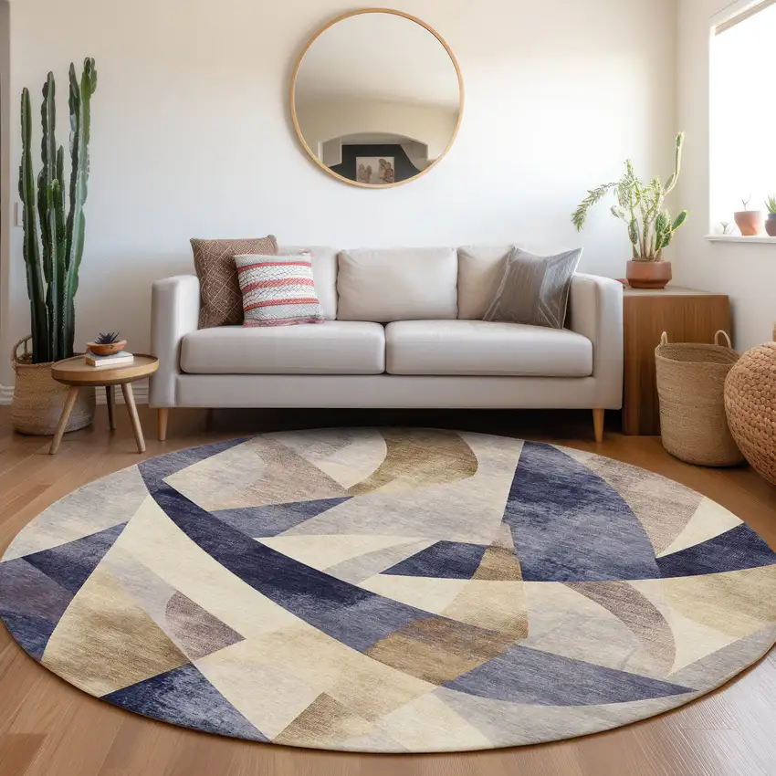 8' Navy Blue And Gold Round Abstract Washable Indoor Outdoor Area Rug Photo 7