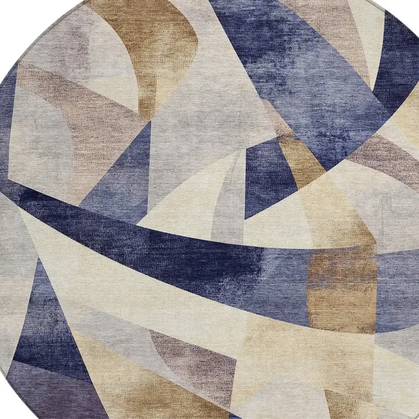 8' Navy Blue And Gold Round Abstract Washable Indoor Outdoor Area Rug Photo 9