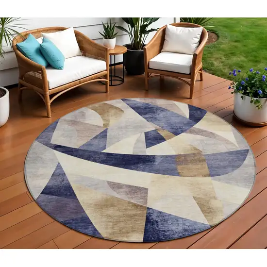 8' Navy Blue And Gold Round Abstract Washable Indoor Outdoor Area Rug Photo 2