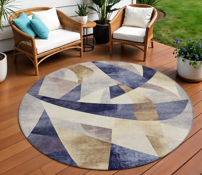 8' Navy Blue And Gold Round Abstract Washable Indoor Outdoor Area Rug Photo 2