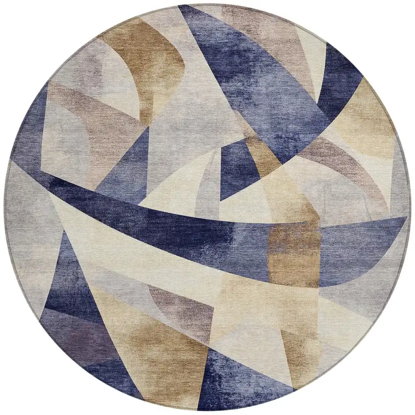 8' Navy Blue And Gold Round Abstract Washable Indoor Outdoor Area Rug Photo 3