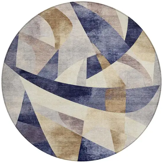 8' Navy Blue And Gold Round Abstract Washable Indoor Outdoor Area Rug Photo 4