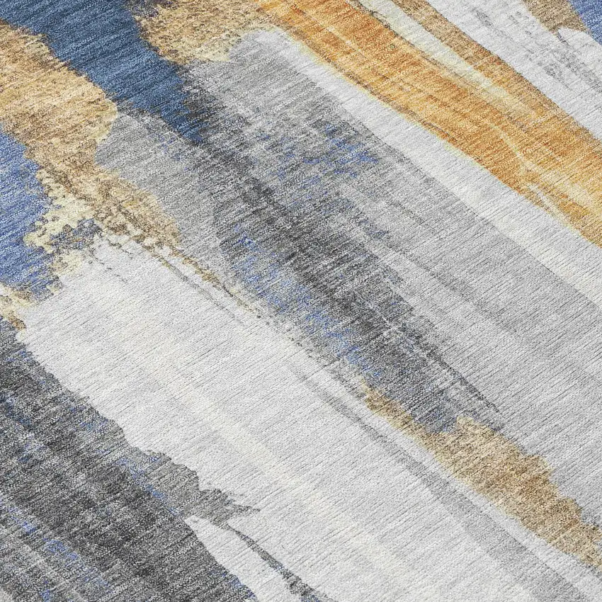 8' Navy Blue And Gold Round Abstract Washable Indoor Outdoor Area Rug Photo 9