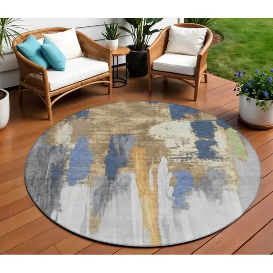 8' Navy Blue And Gold Round Abstract Washable Indoor Outdoor Area Rug Photo 2