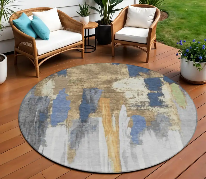 8' Navy Blue And Gold Round Abstract Washable Indoor Outdoor Area Rug Photo 2