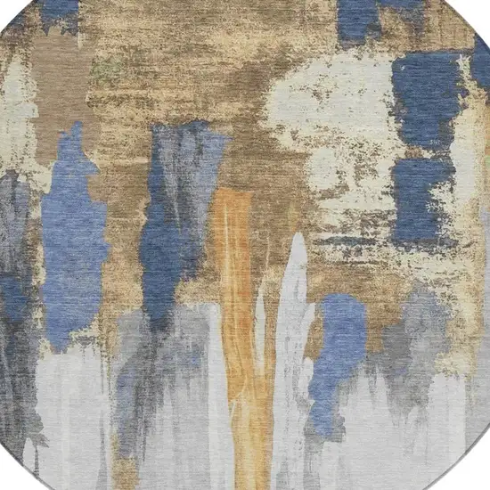 8' Navy Blue And Gold Round Abstract Washable Indoor Outdoor Area Rug Photo 7