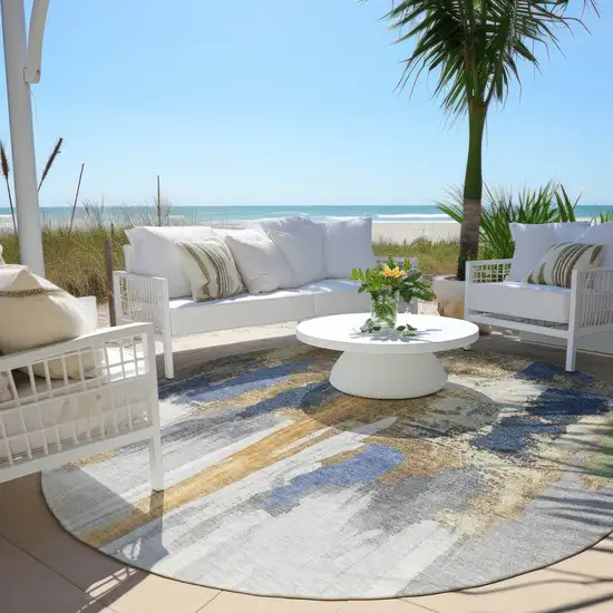 8' Navy Blue And Gold Round Abstract Washable Indoor Outdoor Area Rug Photo 4