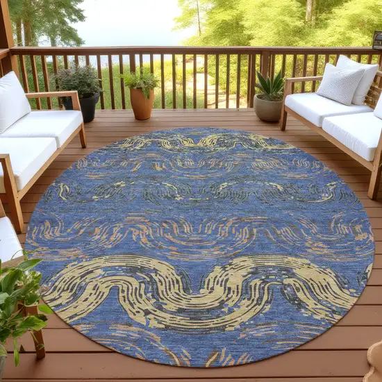 8' Navy Blue And Gold Round Abstract Washable Indoor Outdoor Area Rug Photo 4