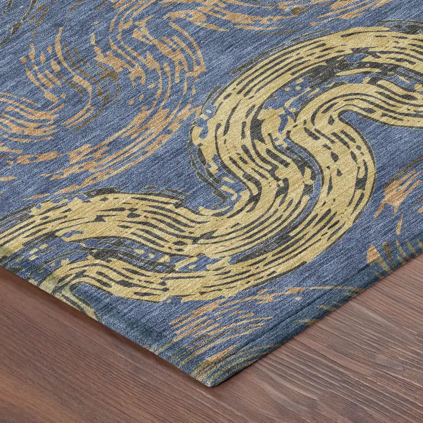 8' Navy Blue And Gold Round Abstract Washable Indoor Outdoor Area Rug Photo 6