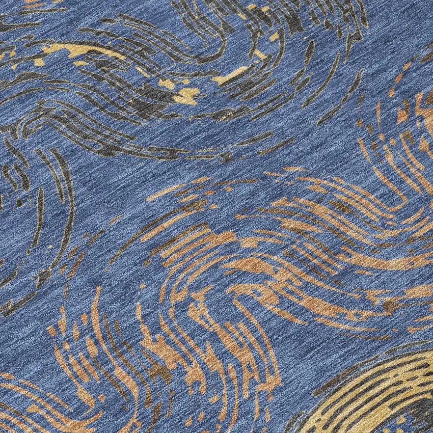 8' Navy Blue And Gold Round Abstract Washable Indoor Outdoor Area Rug Photo 7