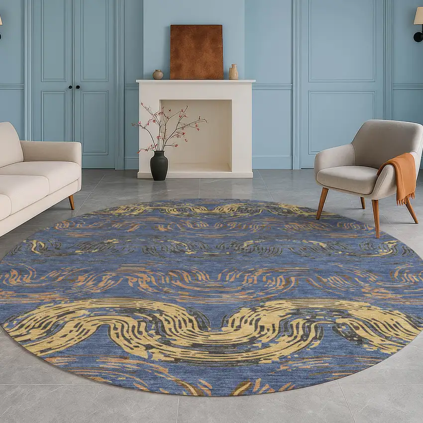 8' Navy Blue And Gold Round Abstract Washable Indoor Outdoor Area Rug Photo 5