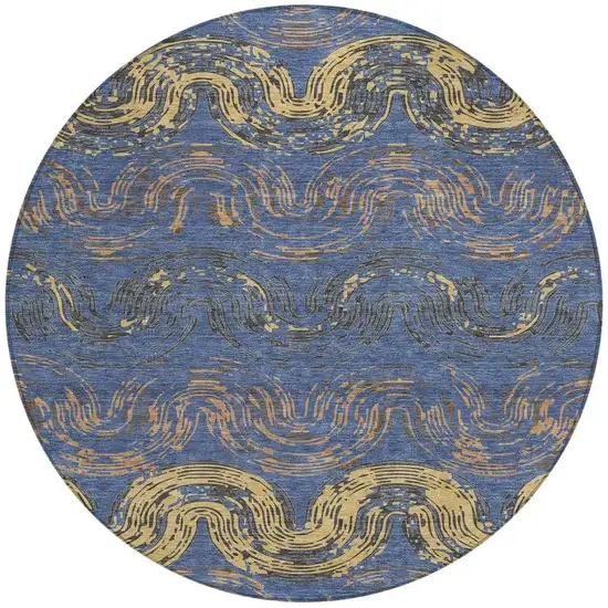 8' Navy Blue And Gold Round Abstract Washable Indoor Outdoor Area Rug Photo 3